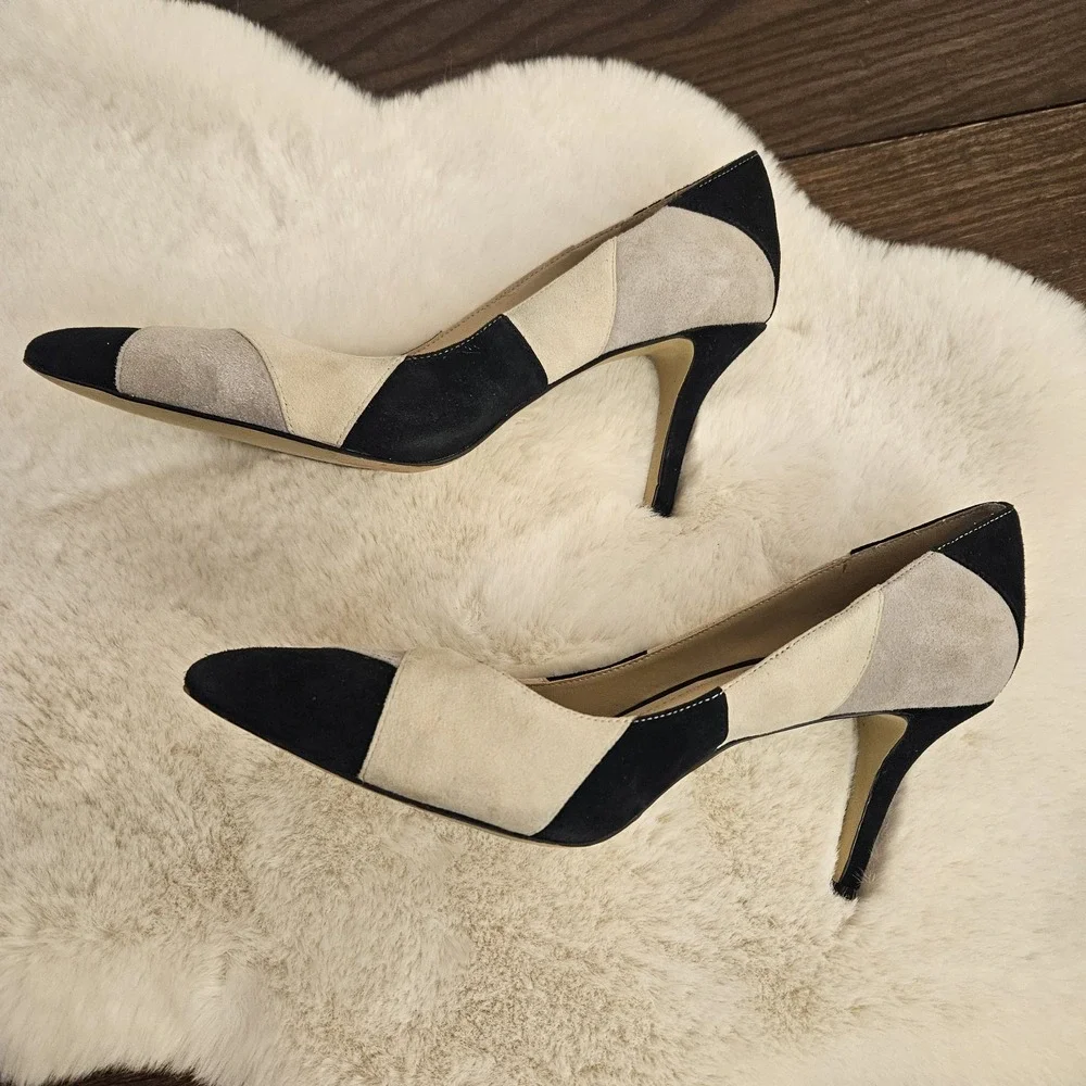 BCBGeneration Womens 8M Suede Patchwork Pumps Black Gray Cream Pointed Toe— Chic